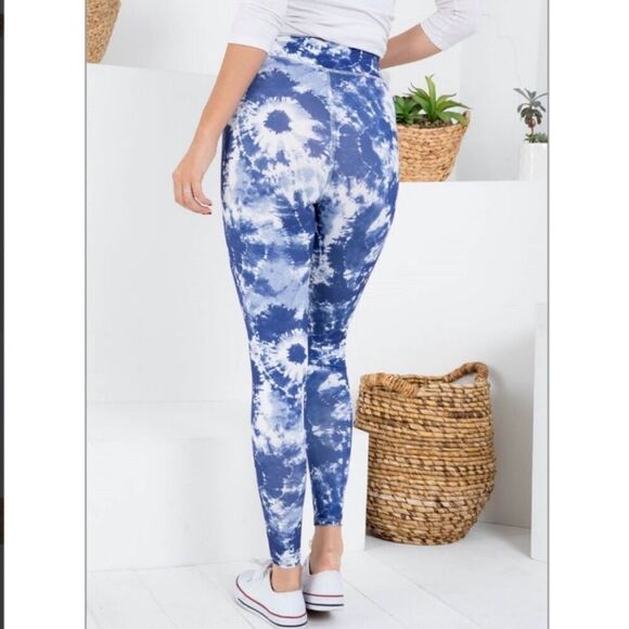 Peach Love California, Blue & White Tie Dyed Boho Hippy Leggings, Women’s Small - Picture 2 of 11